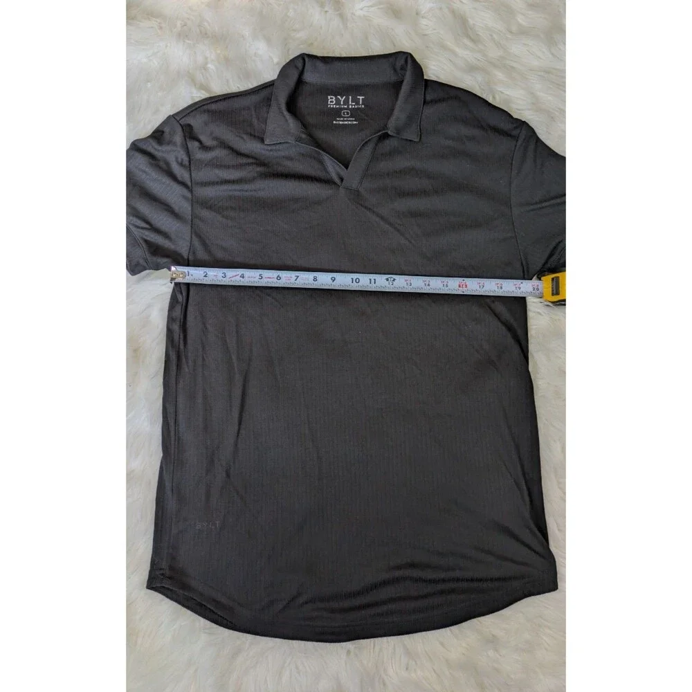 BYLT Premium Size Large Basics Ribbed Short Sleeve Open V Polo Shirt Mens Black - Picture 5 of 11